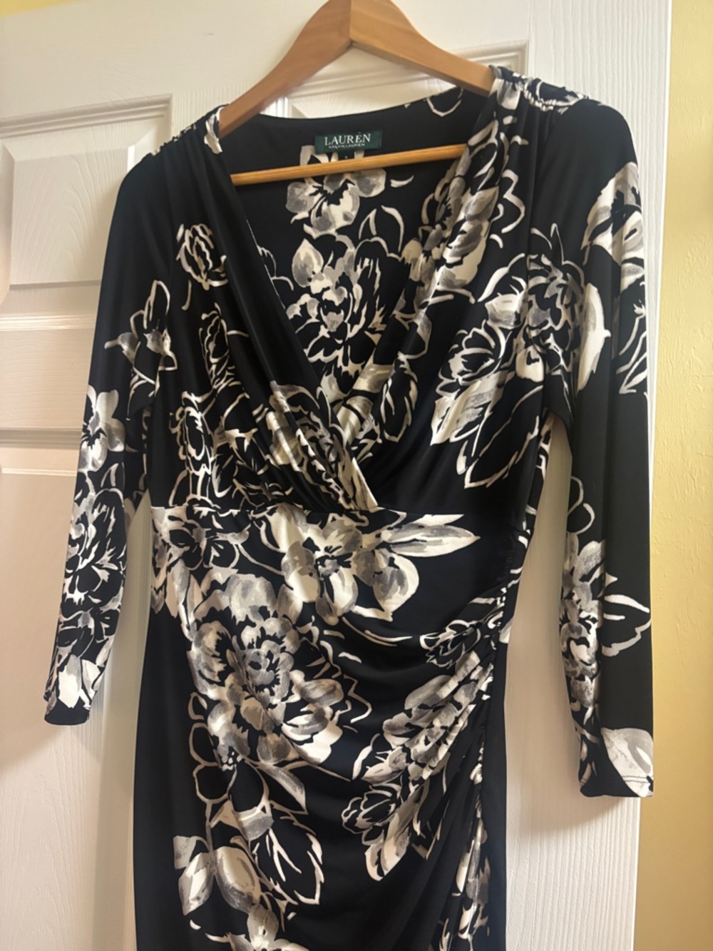 Ralph Lauren Black and White Floral Faux-Wrap Long Sleeve Dress